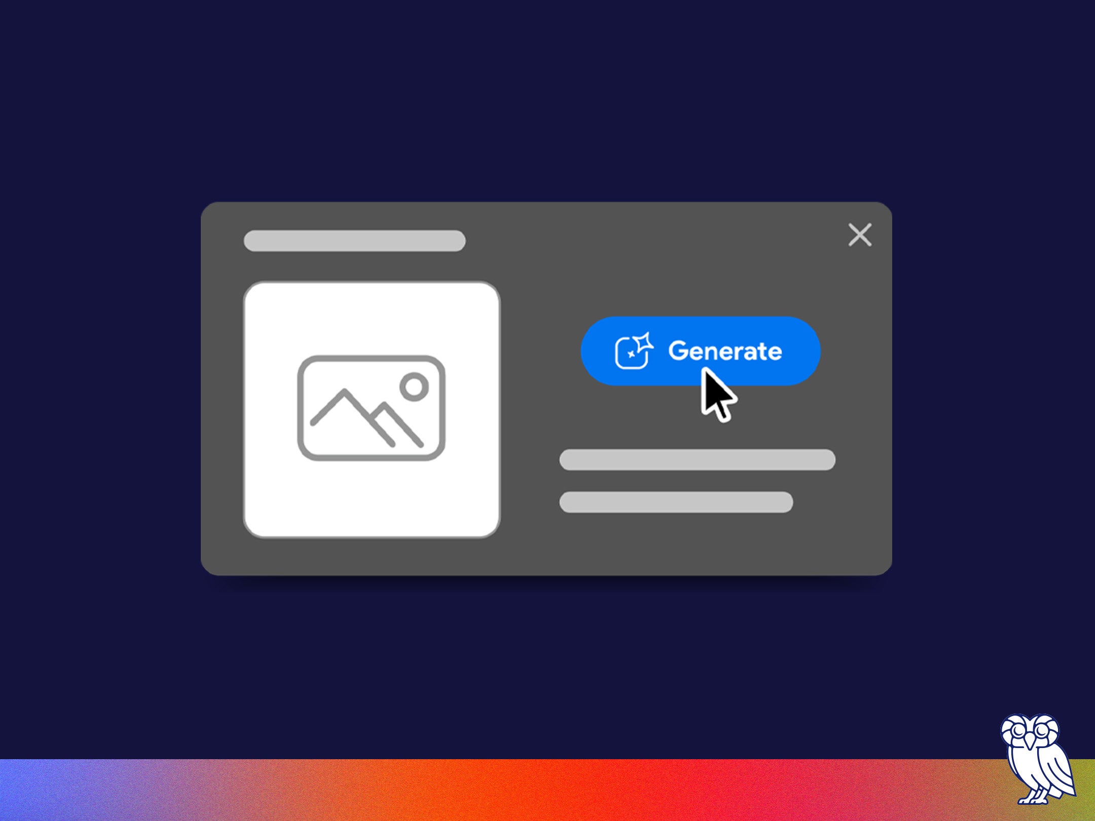 Illustration of a dark-themed modal window with an image placeholder on the left and a blue “Generate” button being clicked by a cursor, representing AI image generation.